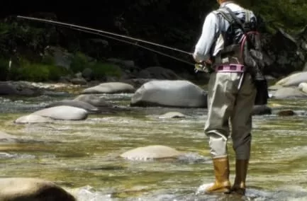 ウェーダー装備万全で渓流釣りに挑む画像